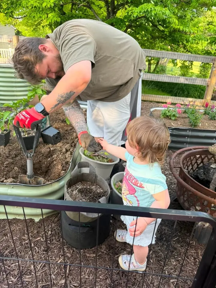 Office Administrator Craig planting in a raised garden bed with his daughter