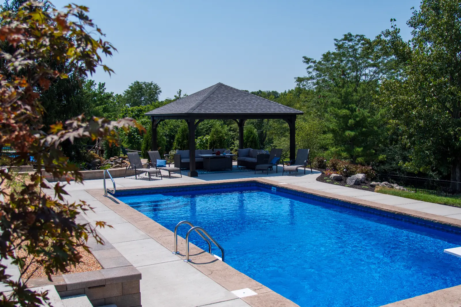 Woodland pool and custom timber pavilion completed by TJs Landscaping