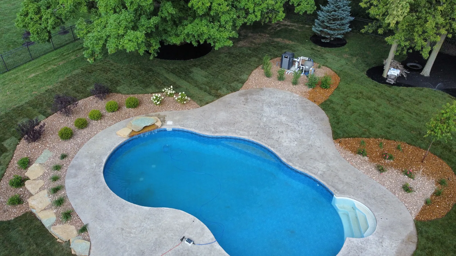 Aerial view of a freeform pool with planted borders
